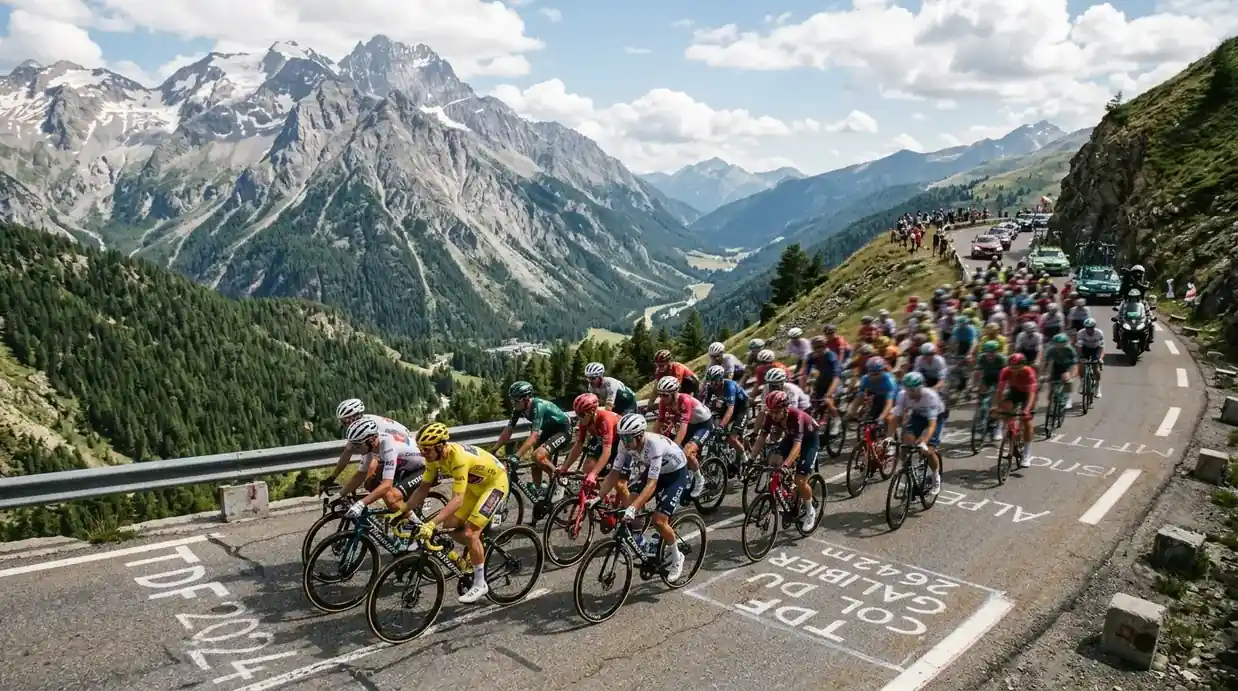 Пелотон на Tour de France преминава през планински пейзаж по време на летен етап